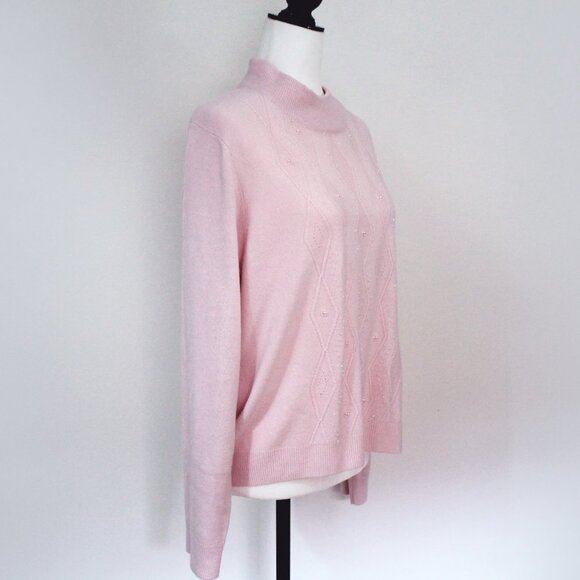 Pale Pink Beaded Sweater, Vintage Mock Turtleneck Long Sleeved Pullover - Picture 5 of 10